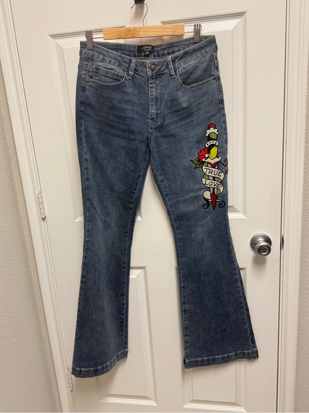 Ed Hardy Stitched And Painted Flare Jeans